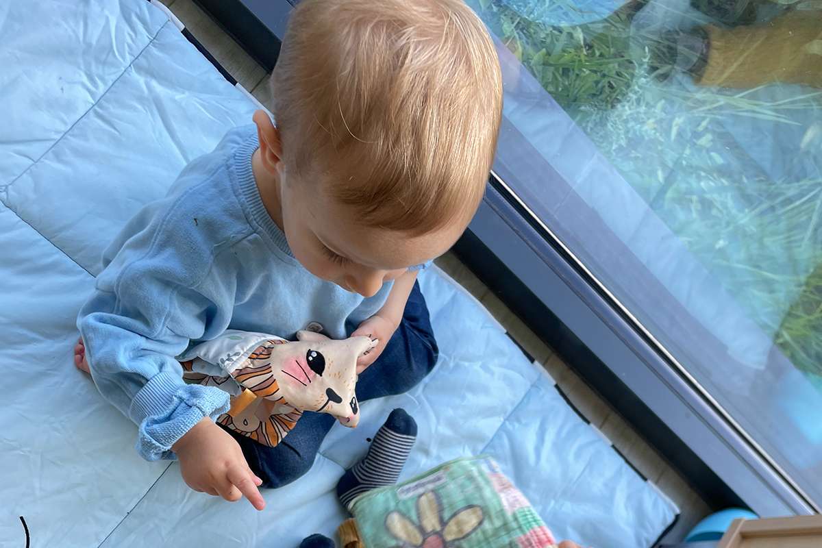 Un jeune enfant assis sur un tapis bleu, jouant avec un livre en tissu illustré d’animaux.
